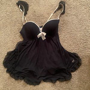 Victoria's Secret Black Baby Doll with Ruffles Pink Trim & Bow - Sz 36D